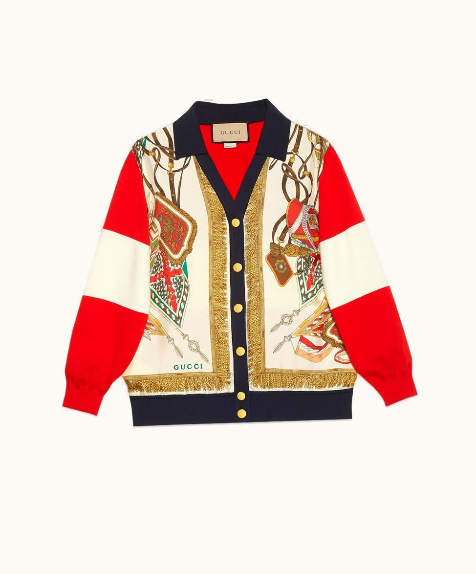 Gucci Extra Fine Wool Printed Cardigan Ivory, Red And Blue