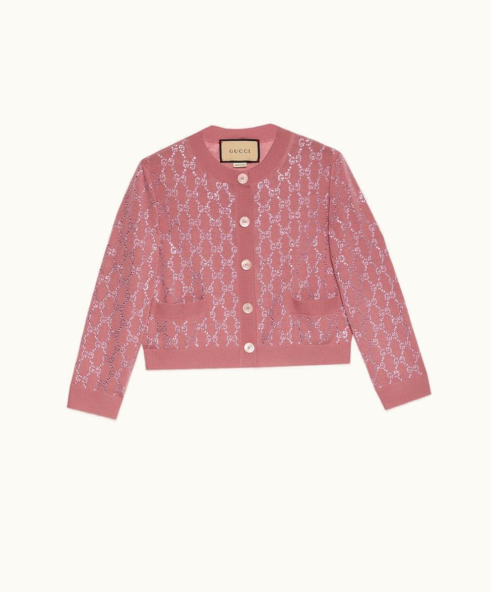 Gucci GG Crystal Fine Wool Cardigan Powder Pink