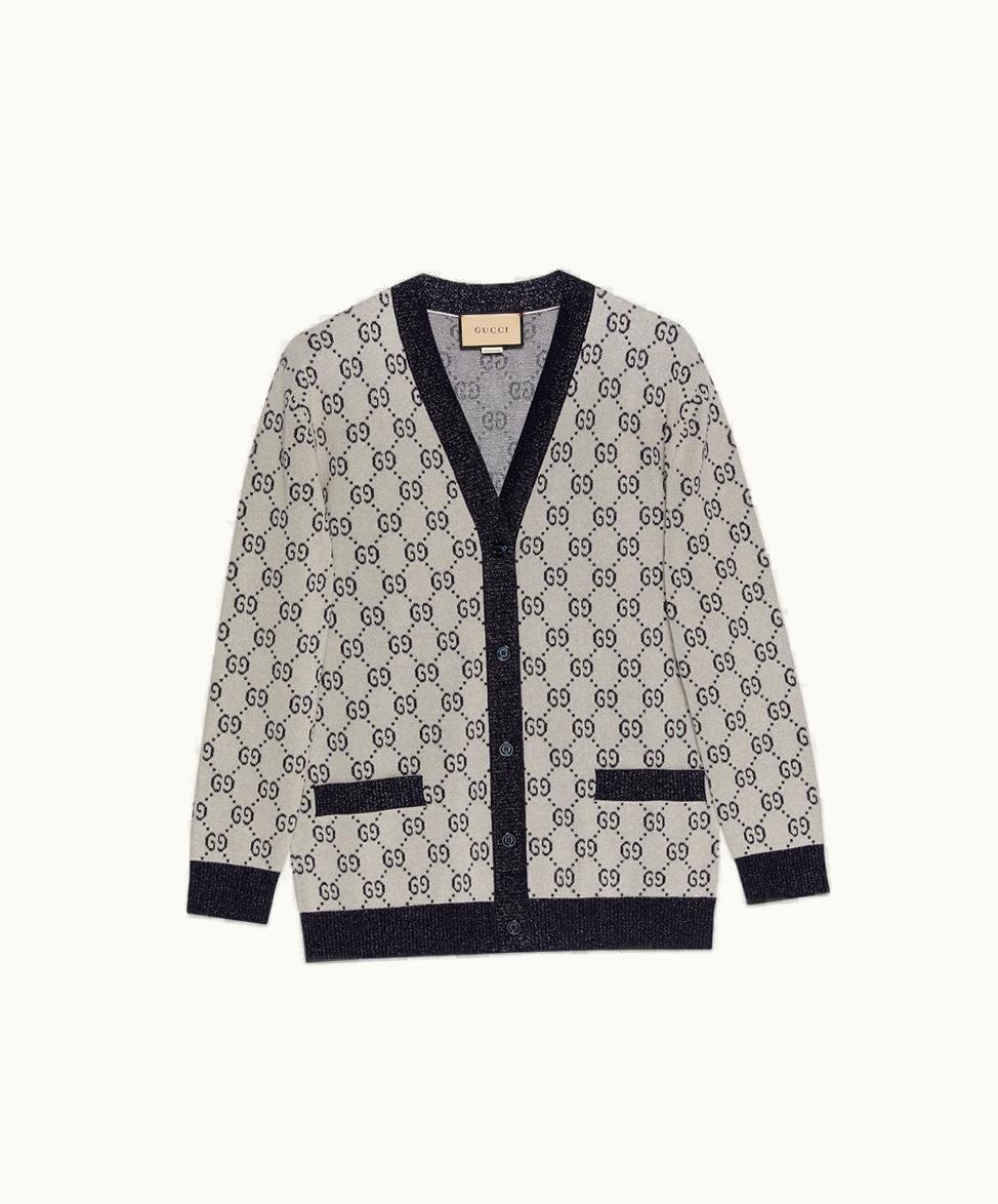 Gucci GG Cotton Jacquard Cardigan Ivory And Blue