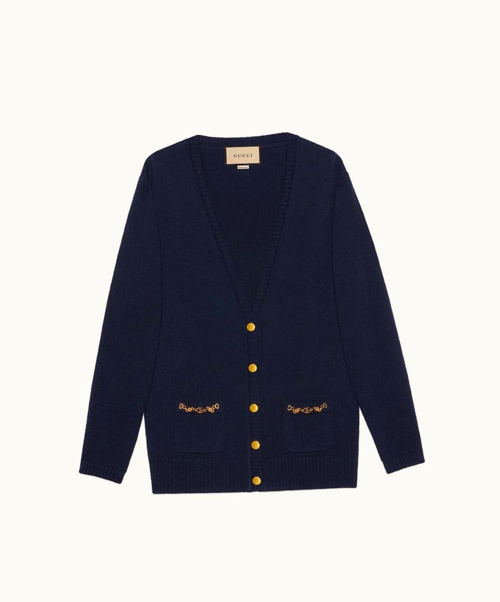 Gucci Cashmere Cardigan With Chain Detail Dark Blue
