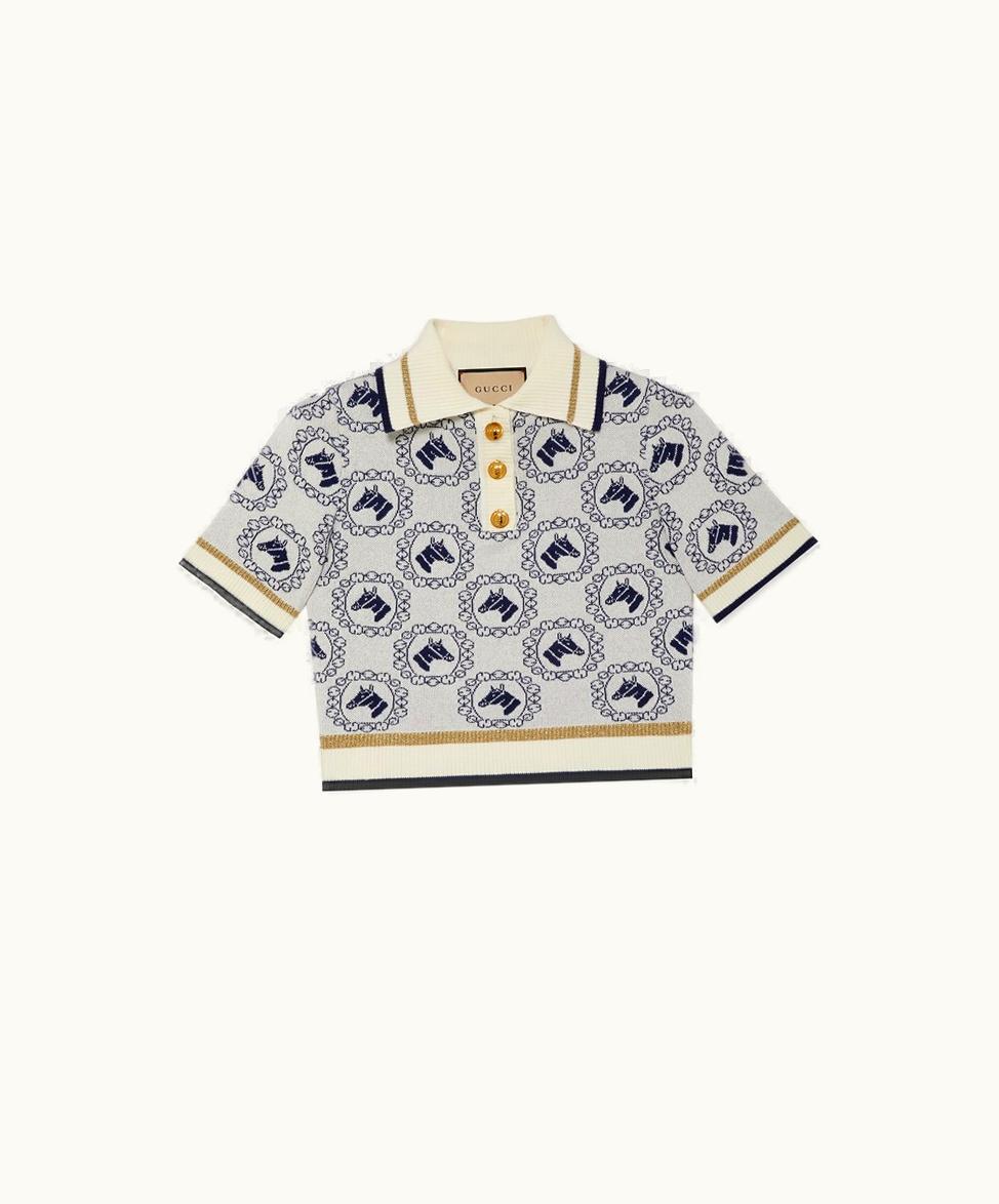 Gucci Equestrian Cotton Jacquard Polo Top White And Blue