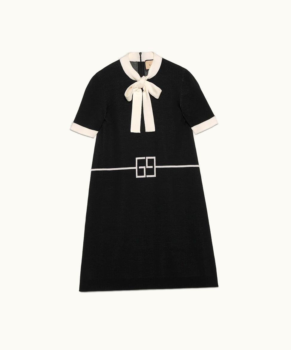 Gucci Square GG Wool Jacquard Dress Black And Ivory
