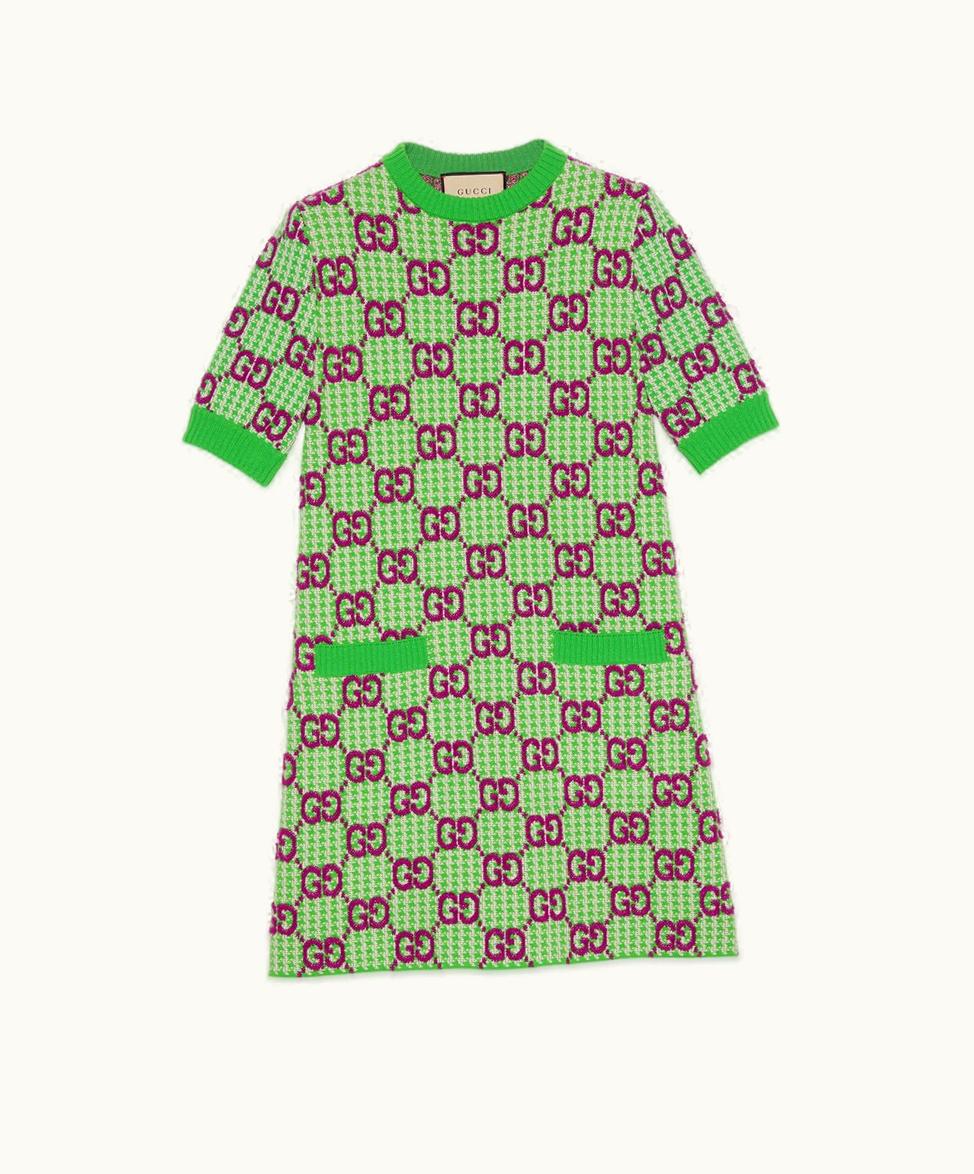 Gucci GG Wool Houndstooth Dress Green, Ivory And Pink