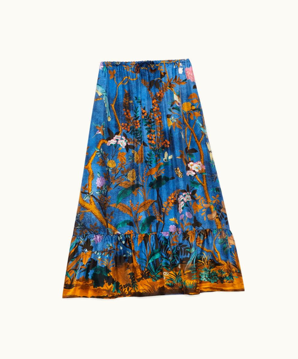 Gucci Tian Print Silk Twill Skirt Dark Blue