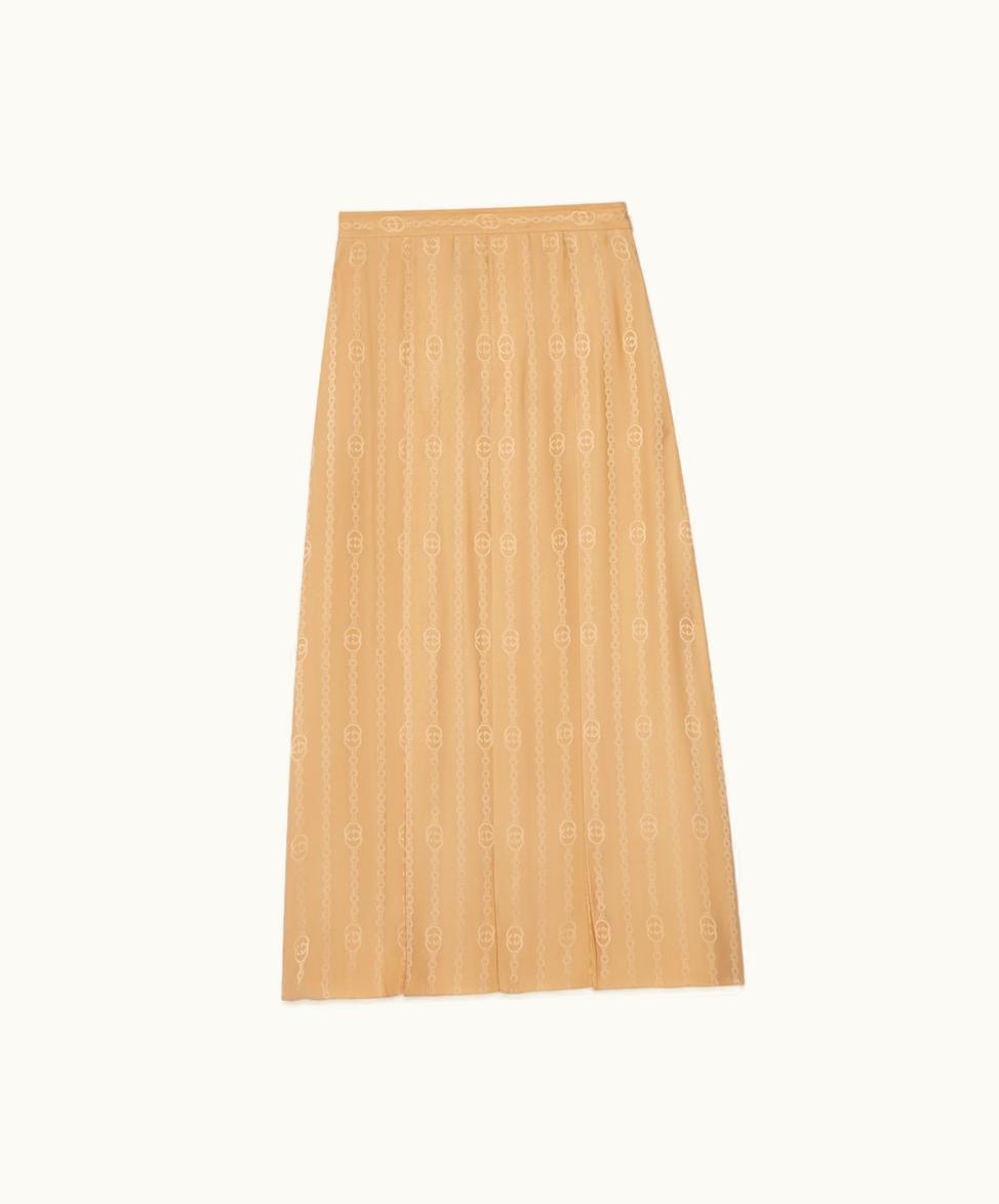 Gucci Interlocking G Chain Silk Jacquard Skirt Beige