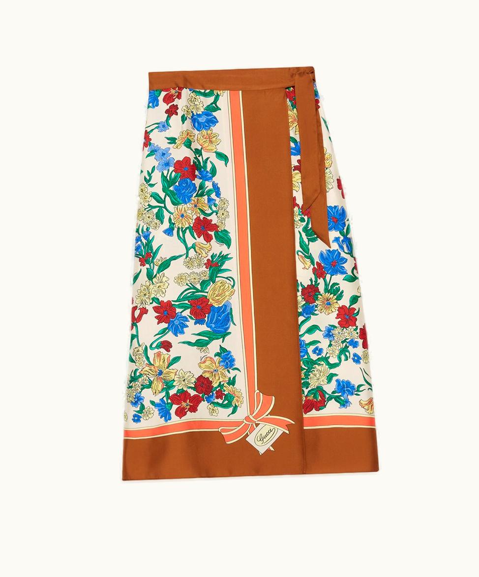Gucci Gucci Floral Print Silk Wrap Skirt Ivory And Light Brown