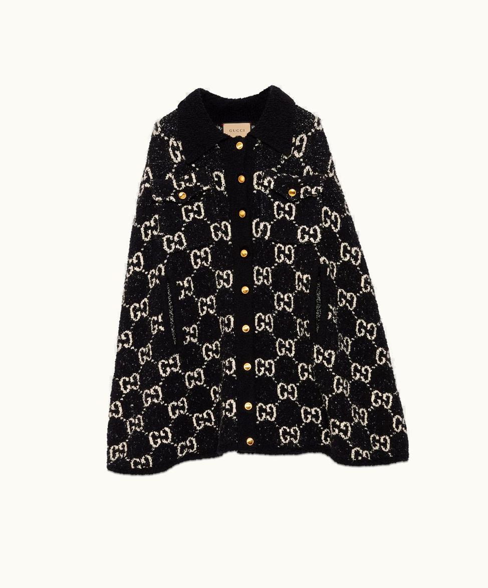 Gucci Gucci Fine Cotton Cape With GG Jacquard Black And Ivory