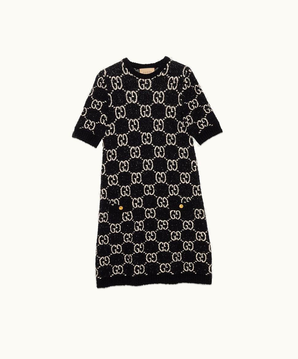 Gucci Gucci GG Jacquard Short Sleeve Dress Black And Ivory