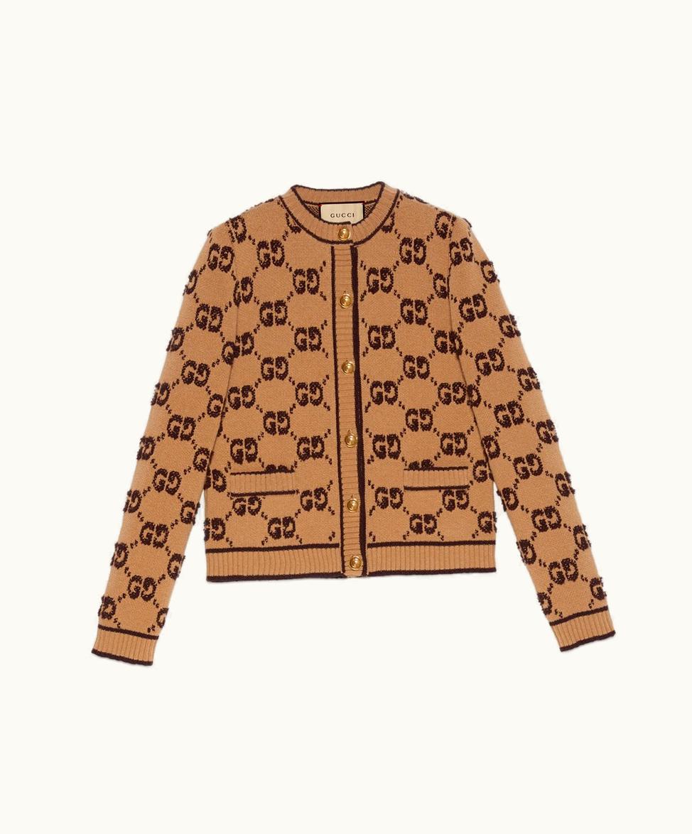 Gucci Gucci GG Wool Bouclé Jacquard Cardigan Camel And Brown