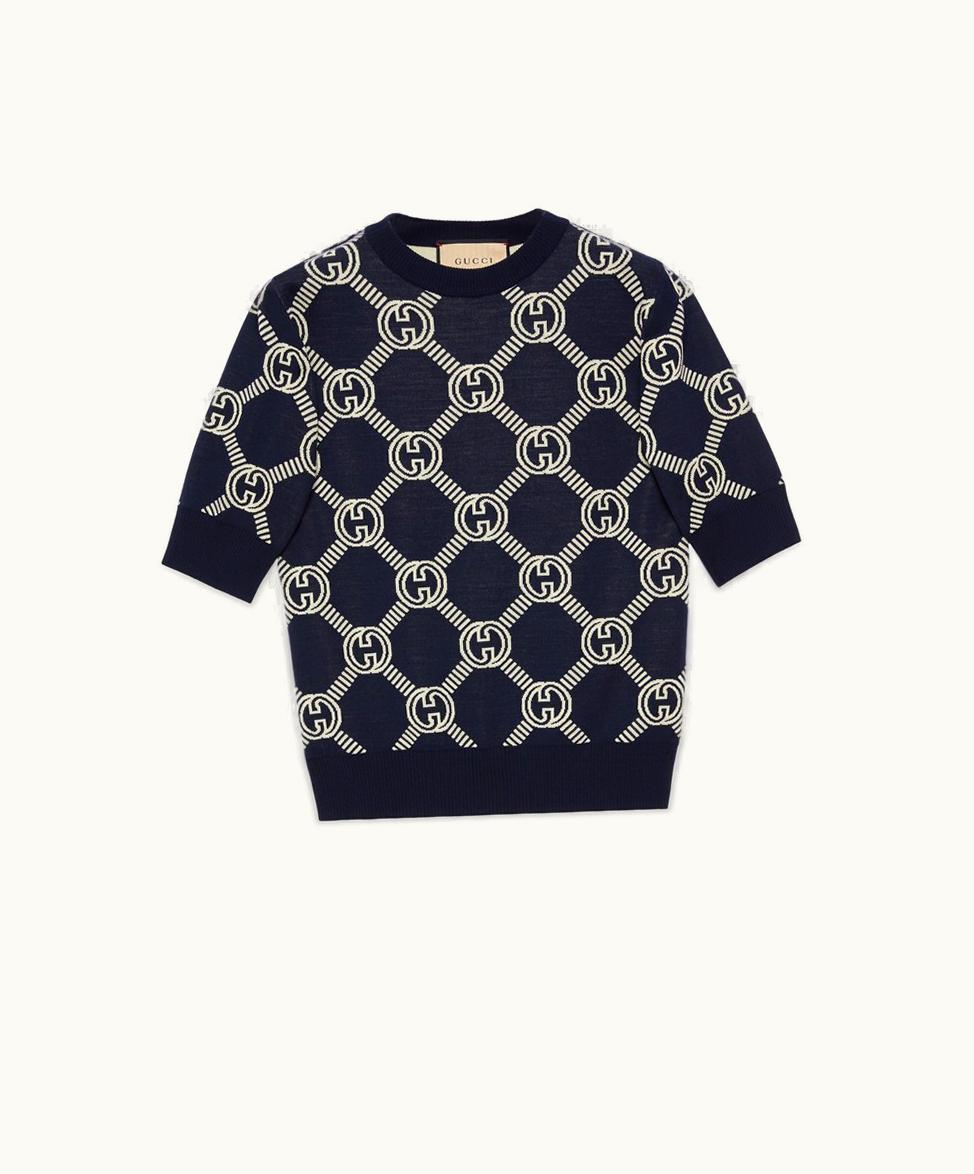 Gucci Gucci Reversible GG Wool Jacquard Top Blue And Ivory
