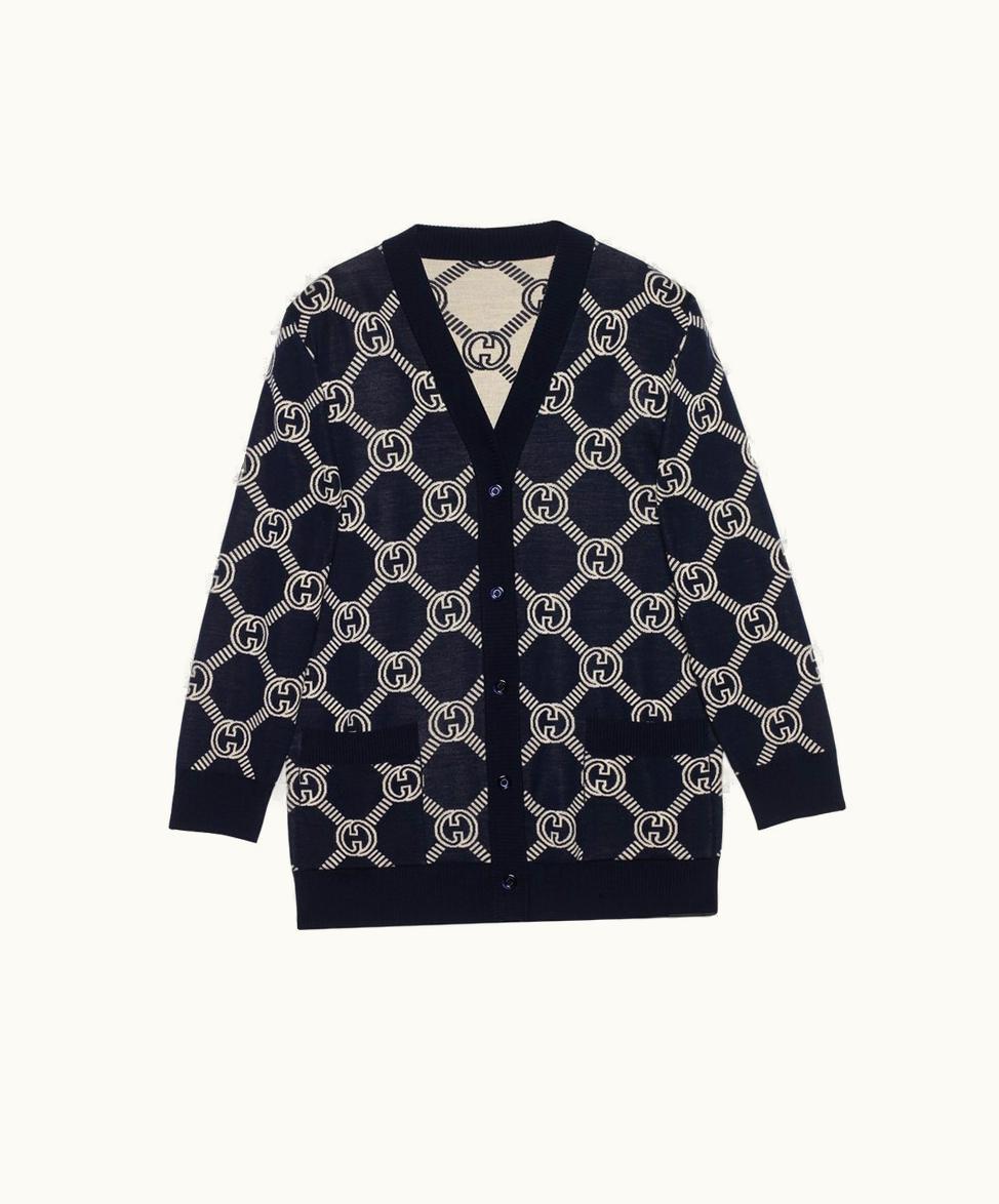 Gucci Gucci Reversible GG Wool Jacquard Cardigan Blue And Ivory