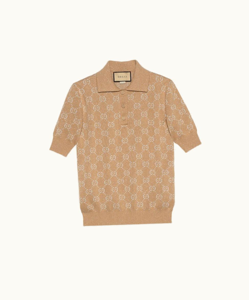 Gucci Gucci Lamé GG Jacquard Knit Polo Camel And Beige