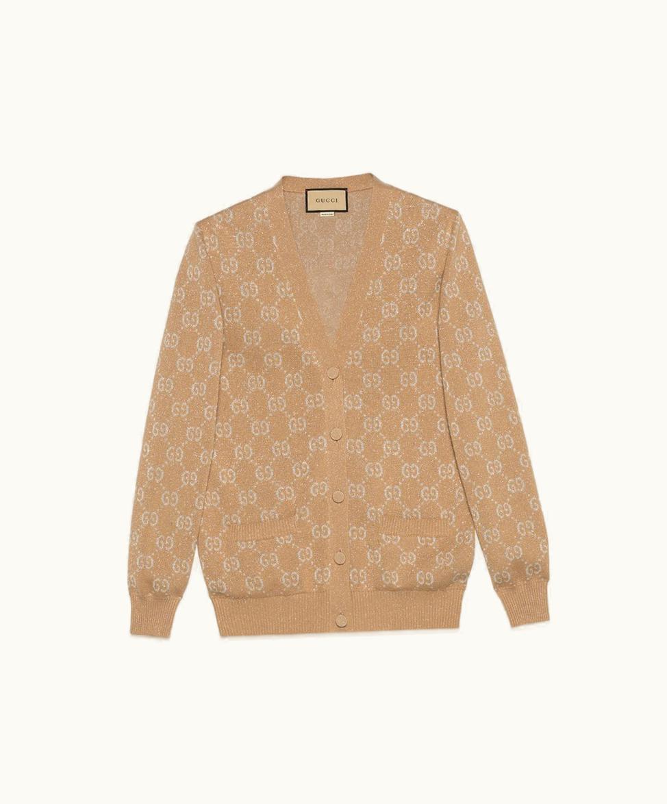 Gucci Gucci Lamé GG Jacquard Cardigan Camel And Beige