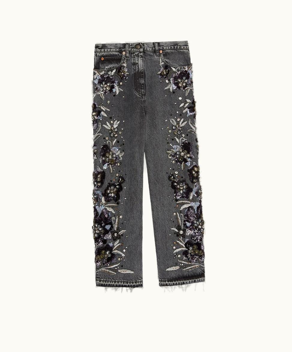 Gucci Gucci Denim Trouser With Floral Embroidery Black
