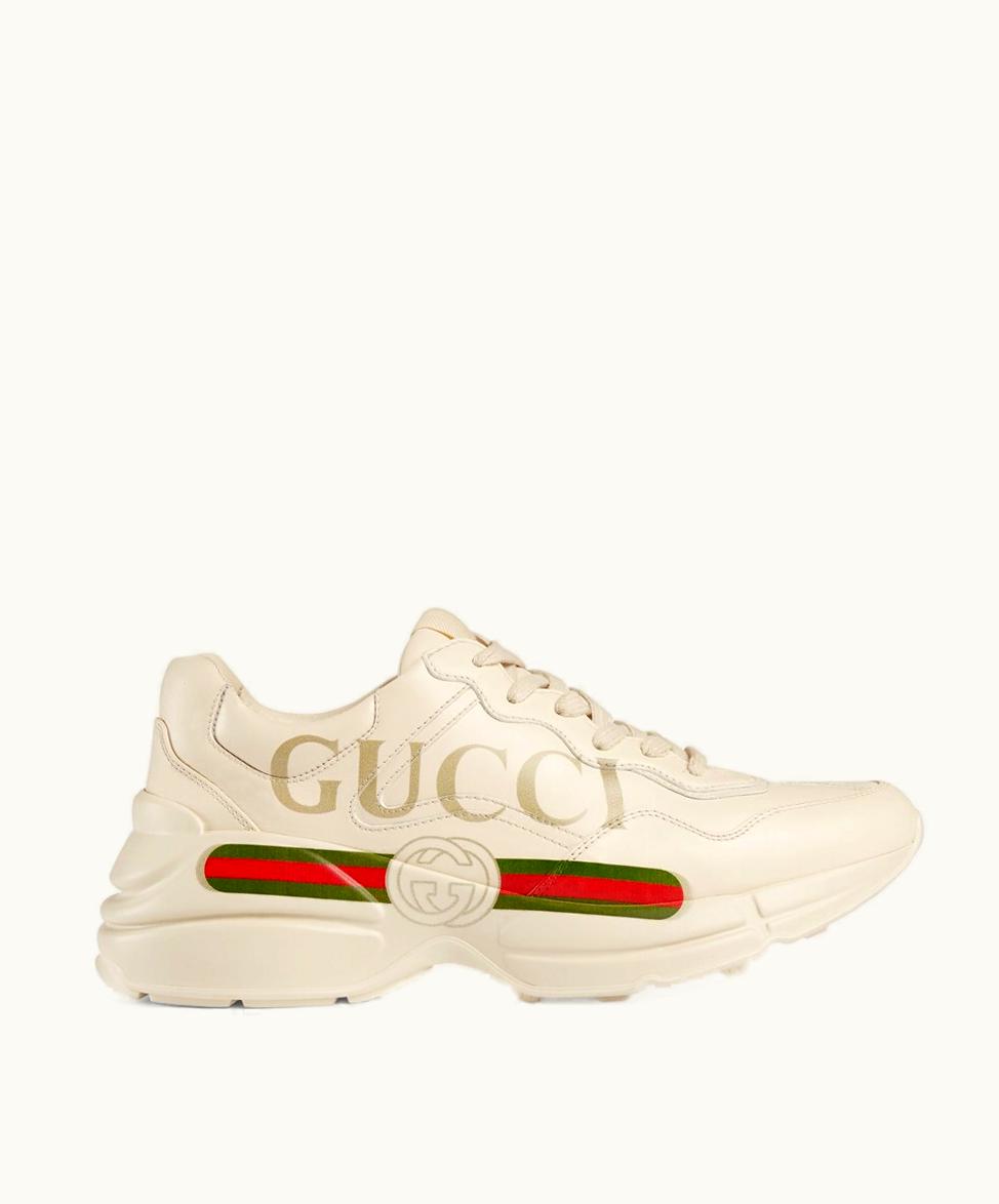 Gucci Women's Rhyton Gucci Logo Leather Trainer Ivory Leather
