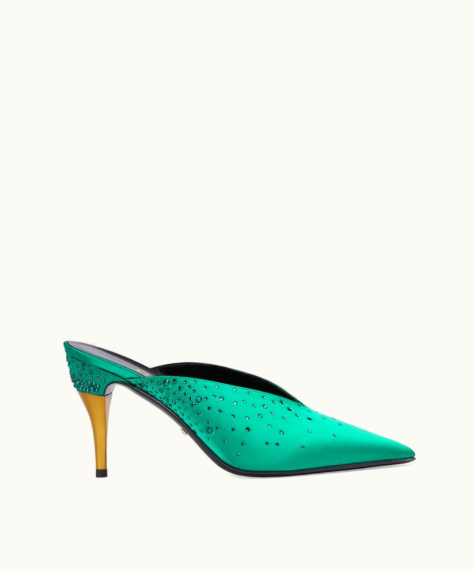 Gucci Gucci Women's Mule Sandal With Crystals Green Silk Satin