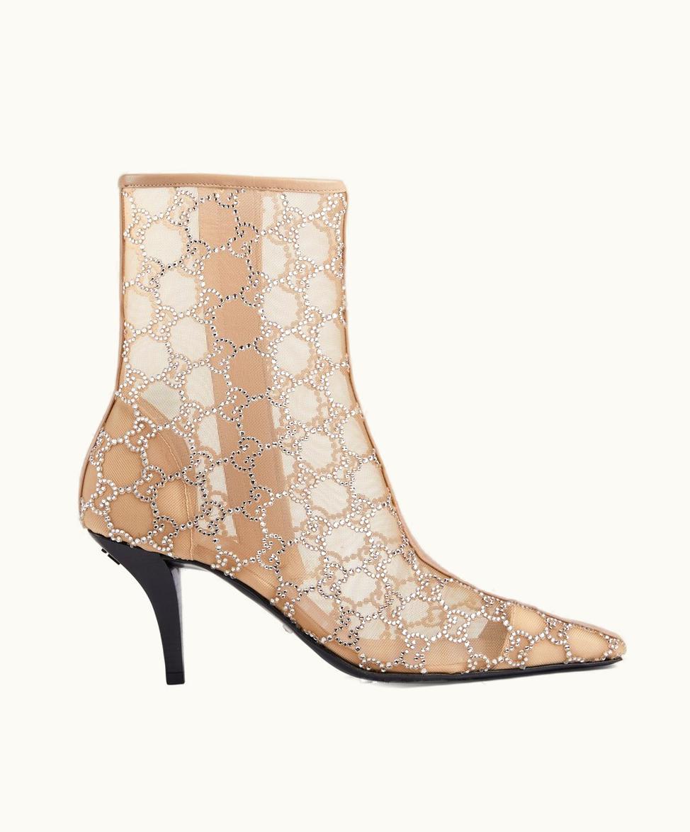 Gucci Gucci Women's GG mid-heel Boot Rose Beige Crystal Mesh