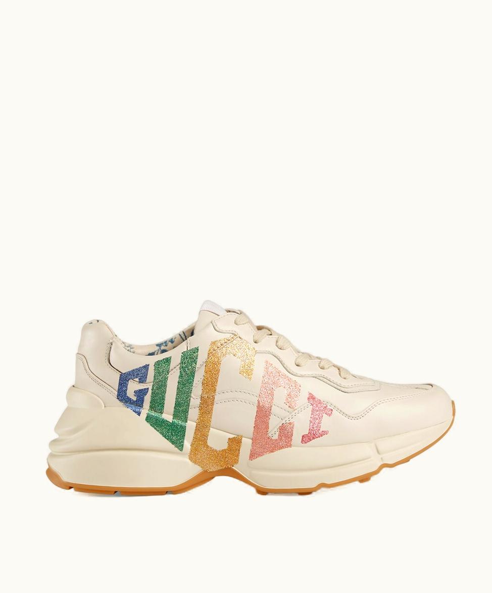 Gucci Women's Rhyton Glitter Gucci Trainer White Leather