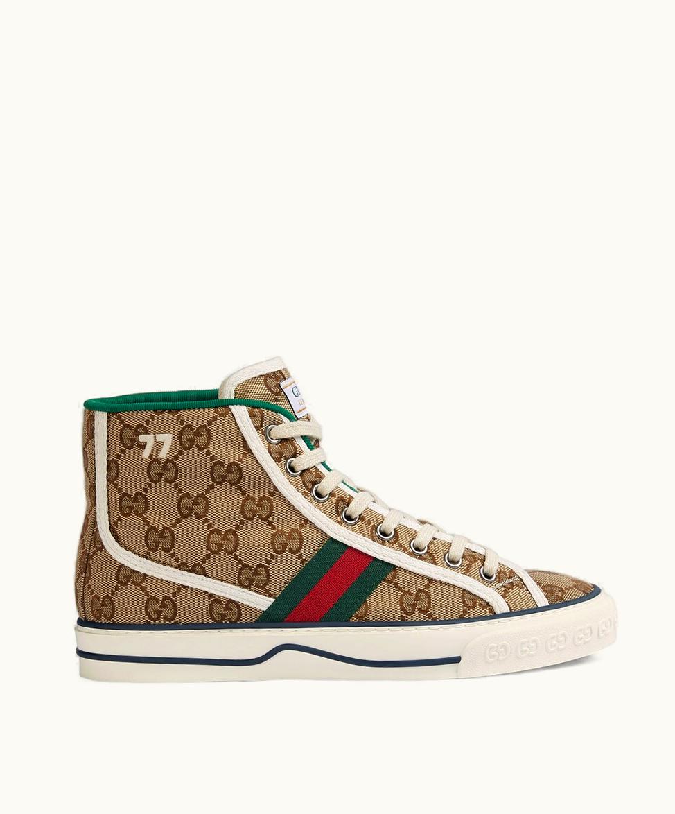 Gucci Women's Gucci Tennis 1977 High Top Trainer Beige And Ebony GG Canvas