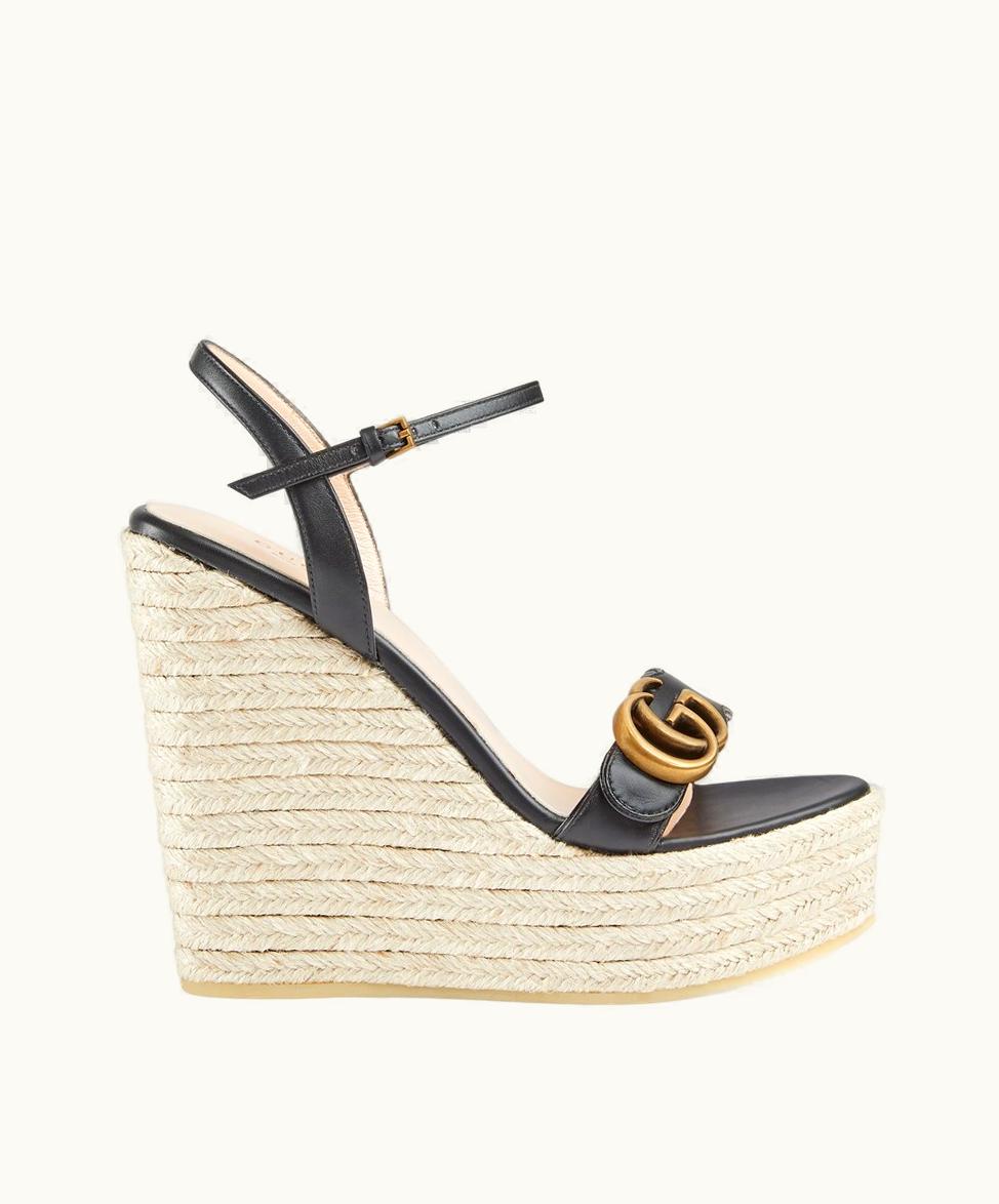 Gucci Gucci Epilogue Double G Women's Leather Wedge Espadrille Black Leather