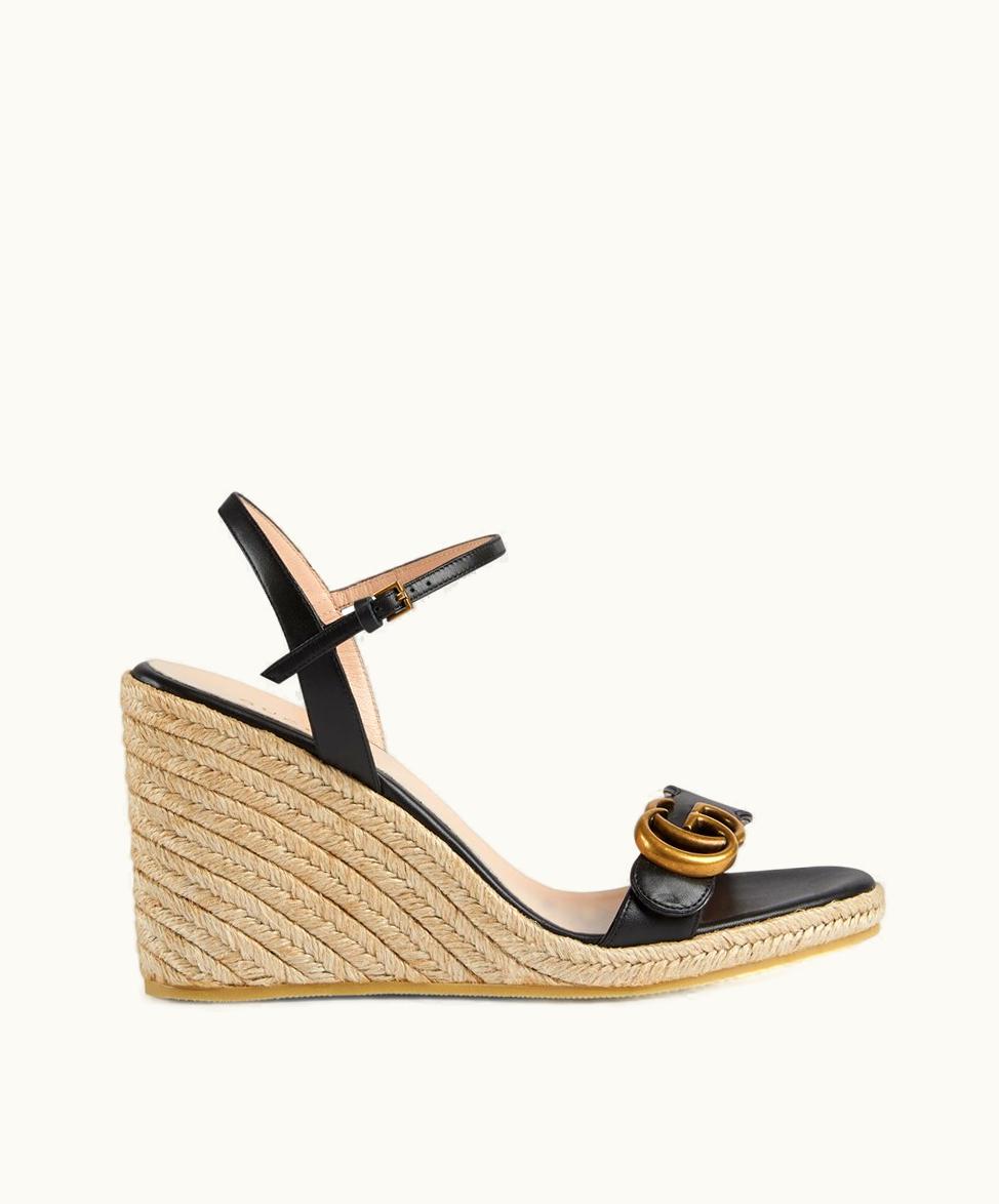 Gucci Gucci Double G Women's Cord Wedge Espadrille Black Leather