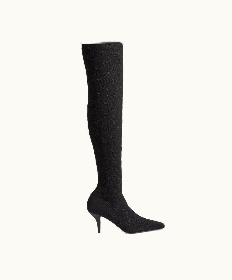 Gucci Gucci Women's GG knee-high Boot Black And Silver Jersey Lamè