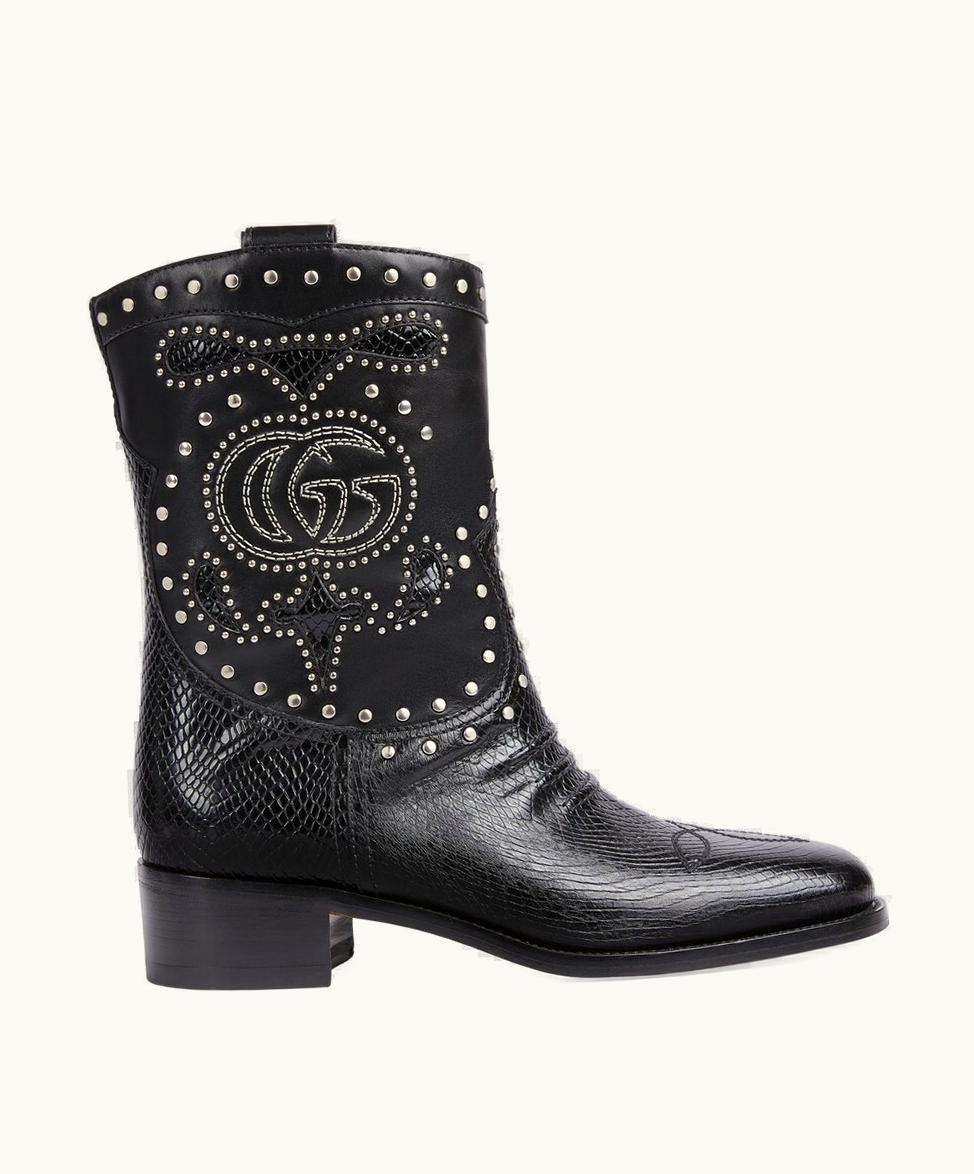 Gucci Gucci Women's Boot With Double G And Studs Black lizard-print Leather