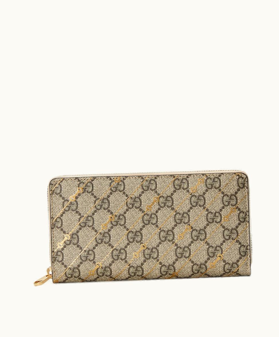 Gucci Gucci Zip Around Wallet With Horsebit Print Beige And Ebony Supreme