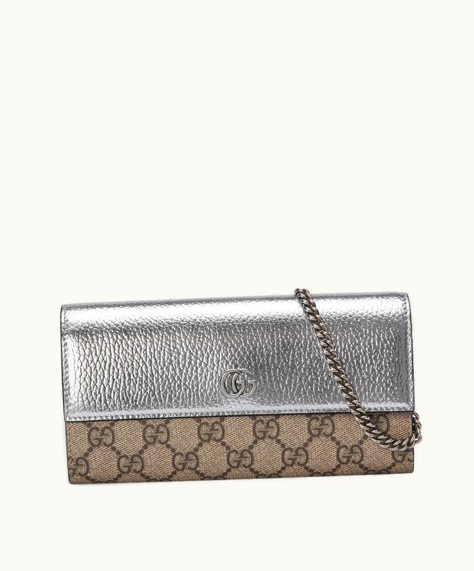 Gucci Gucci GG Marmont Chain Wallet GG Supreme, Silver Leather
