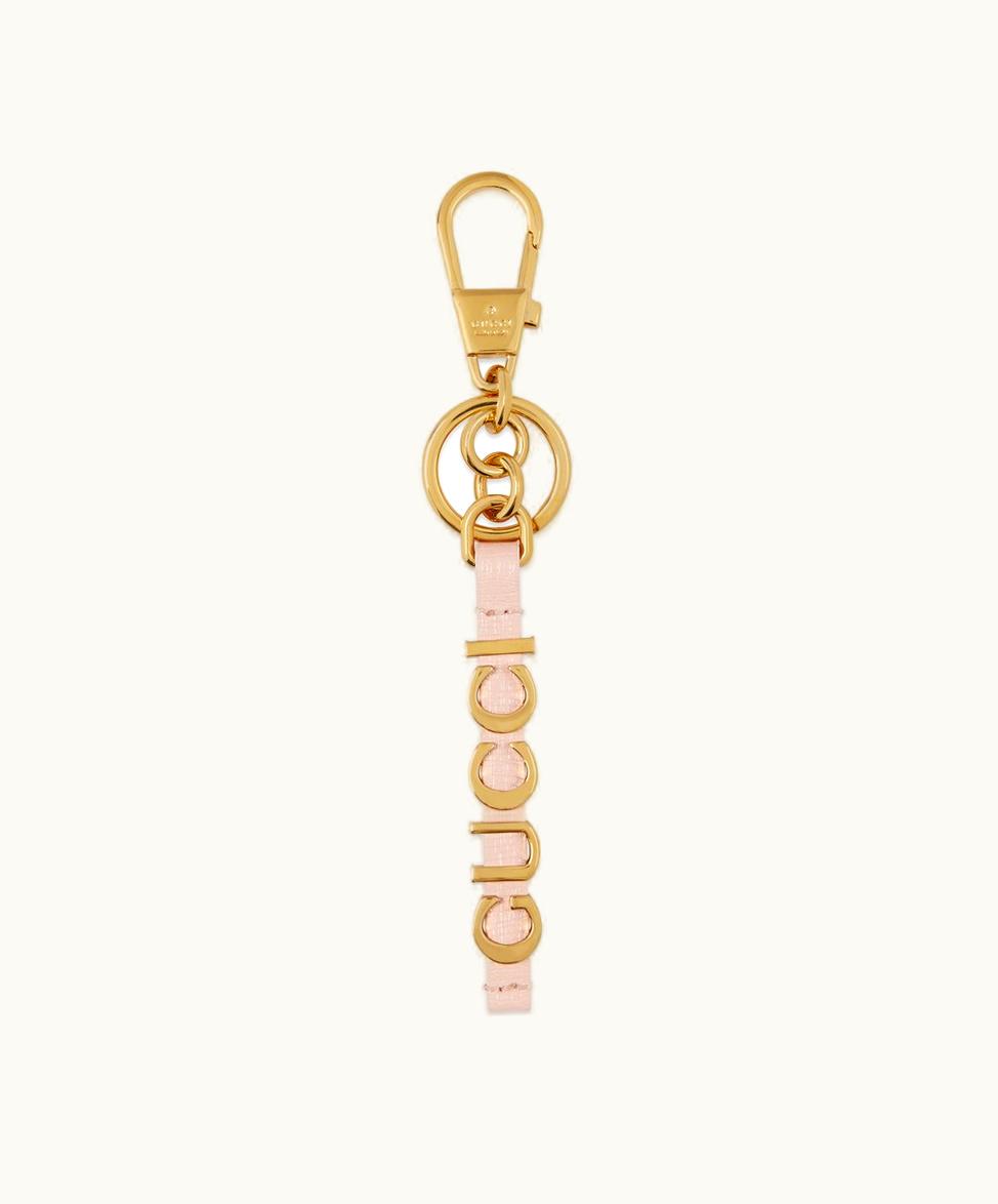 Gucci Keychain With Gucci Script Gold-Toned Brass, Pale Pink Leather