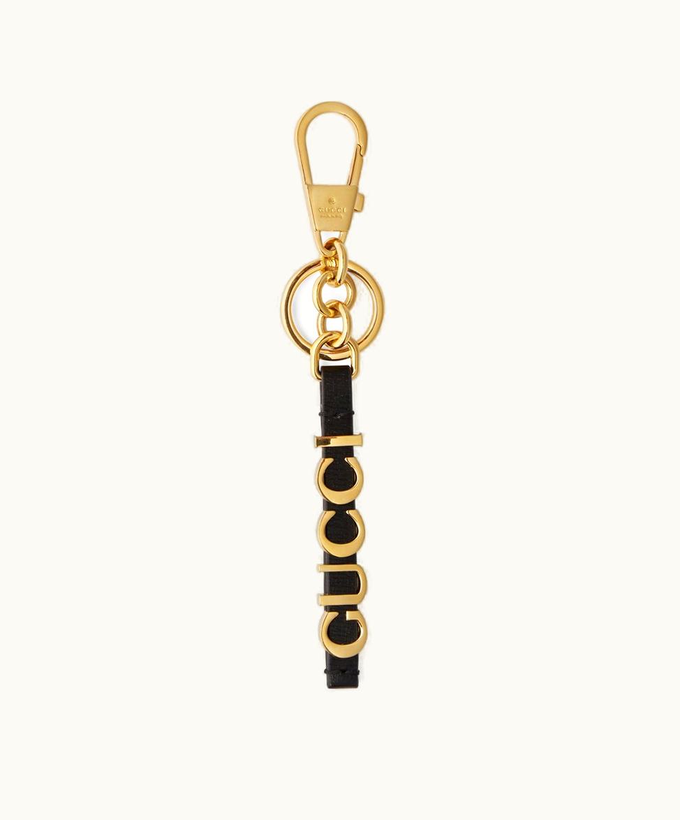 Gucci Keychain With Gucci Script Gold-Toned Brass, Black Leather
