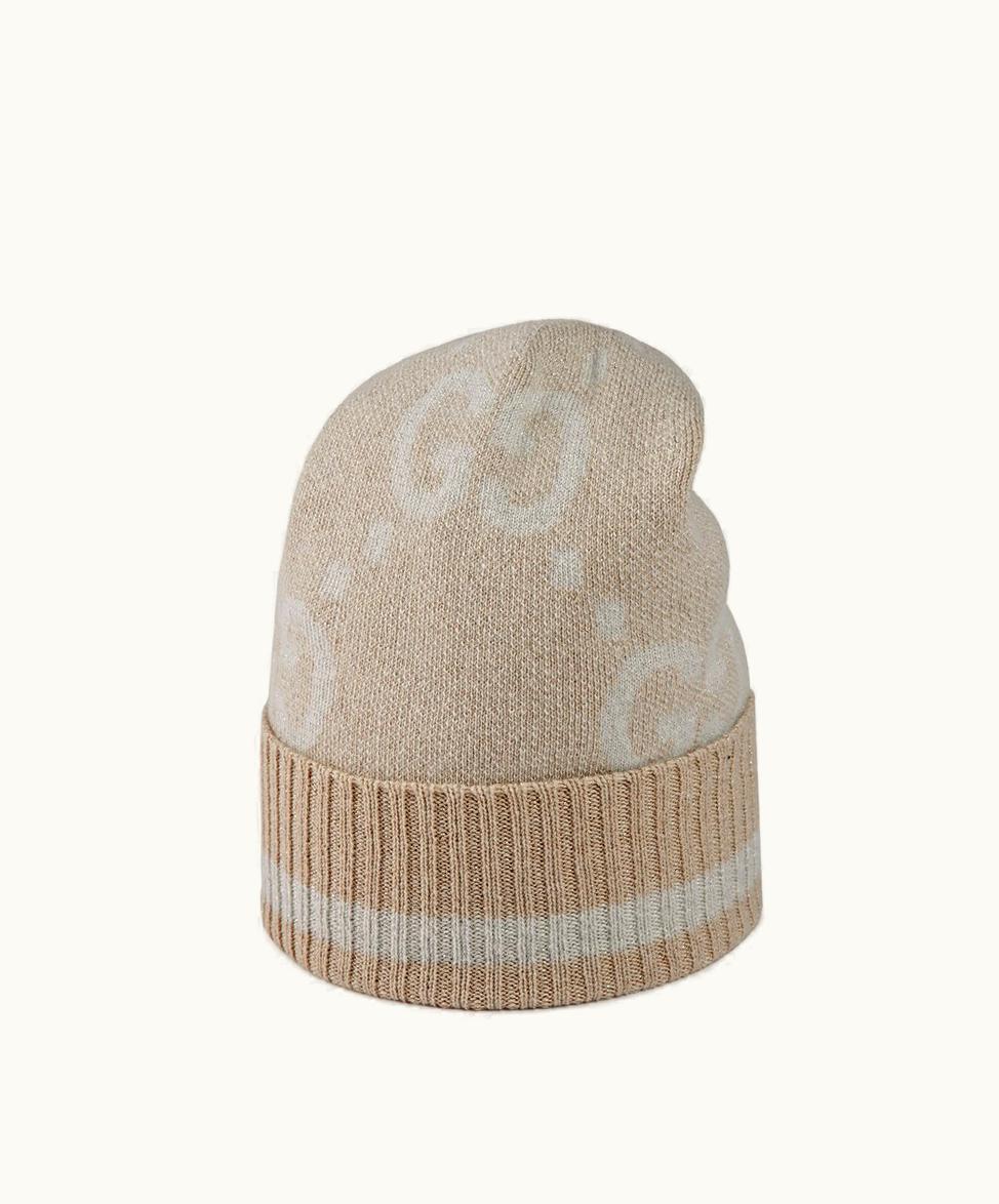 Gucci Gucci GG Cashmere Lamé Jacquard Hat Camel And White