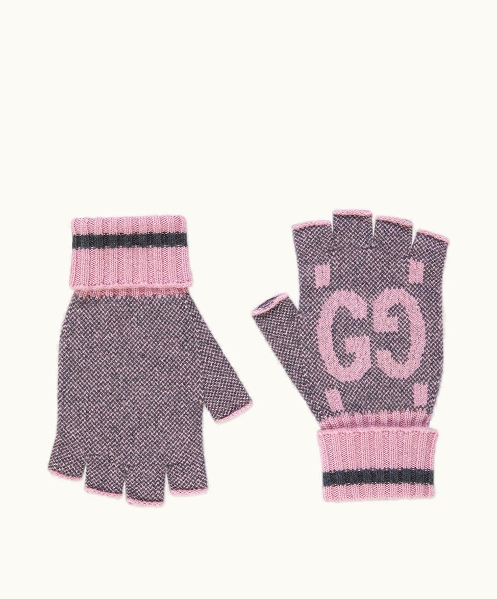 Gucci Gucci GG Signature Cashmere Fingerless Gloves Grey And Pink