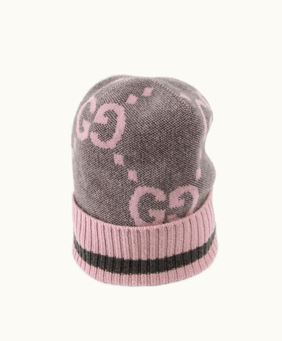 Gucci Gucci GG Knit Cashmere Hat Grey And Pink