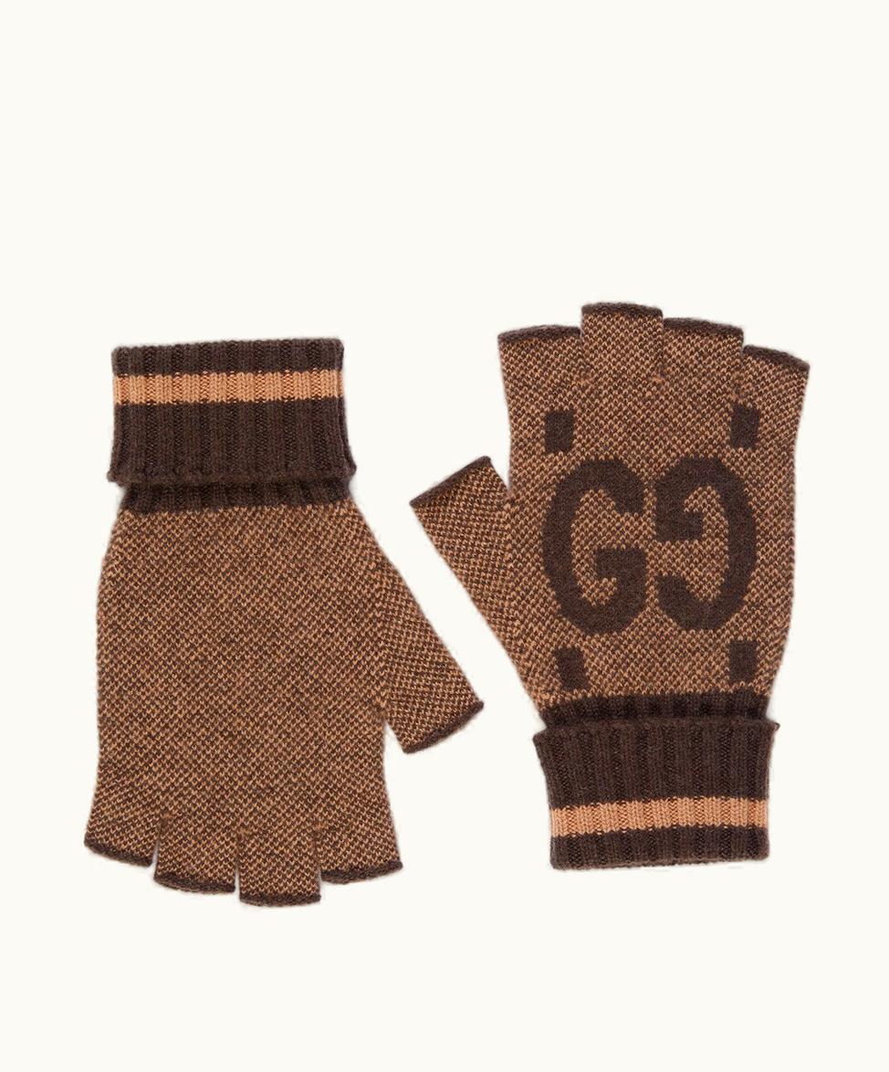 Gucci Gucci GG Striped Cashmere Fingerless Gloves Beige
