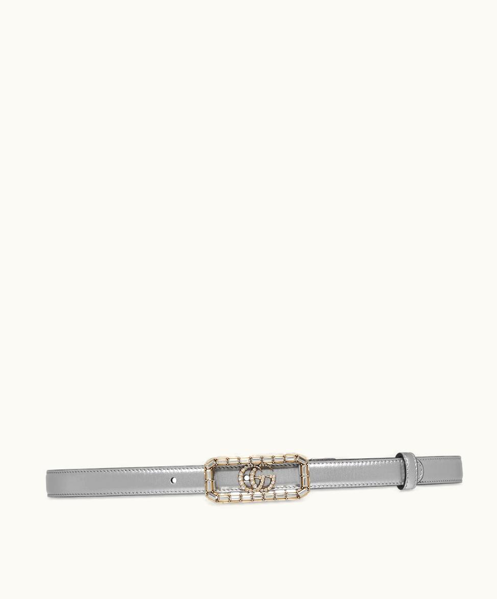 Gucci Gucci Thin Belt With Crystal Double G Buckle Silver Leather