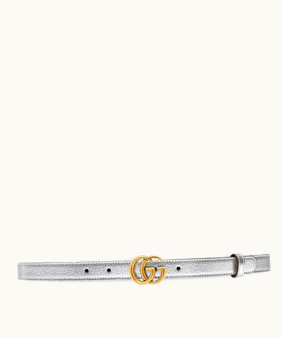Gucci Gucci GG Marmont Thin Belt Silver Lamé Leather