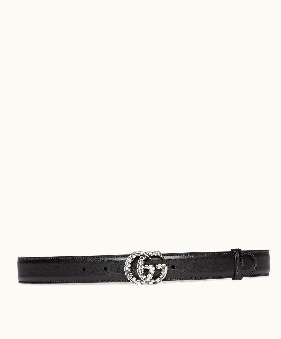 Gucci Gucci GG Marmont Thin Belt With Crystals Black Leather