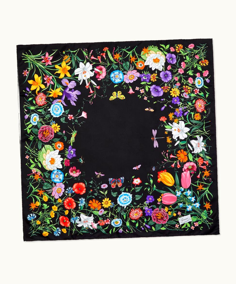 Gucci Gucci Flora Print Silk Carré Black And Multicolour