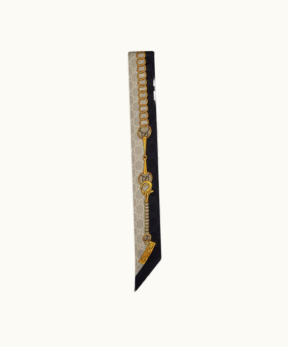 Gucci Gucci GG Chain Horsebit Print Silk Neckbow Black And Beige