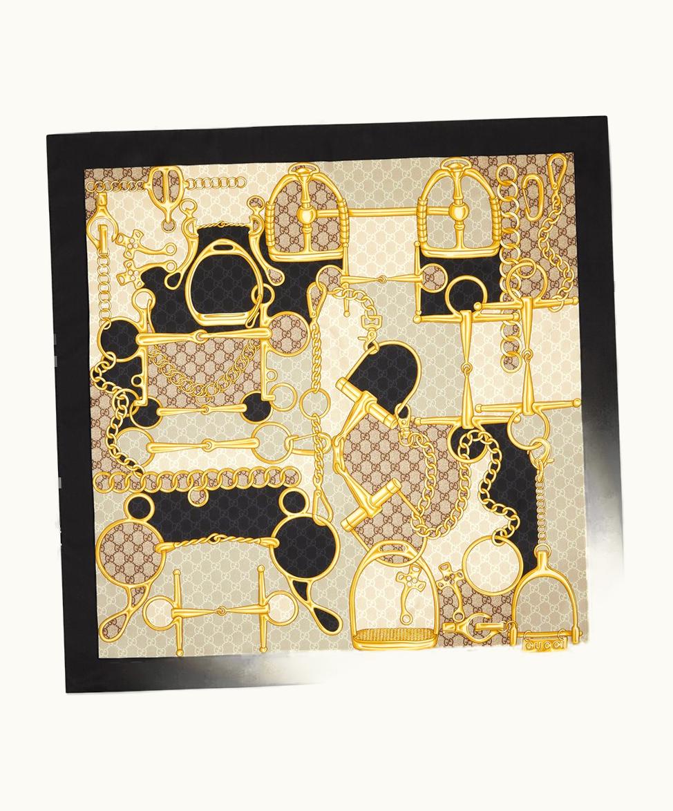 Gucci Gucci GG Horsebit Silk Scarf Black And Beige