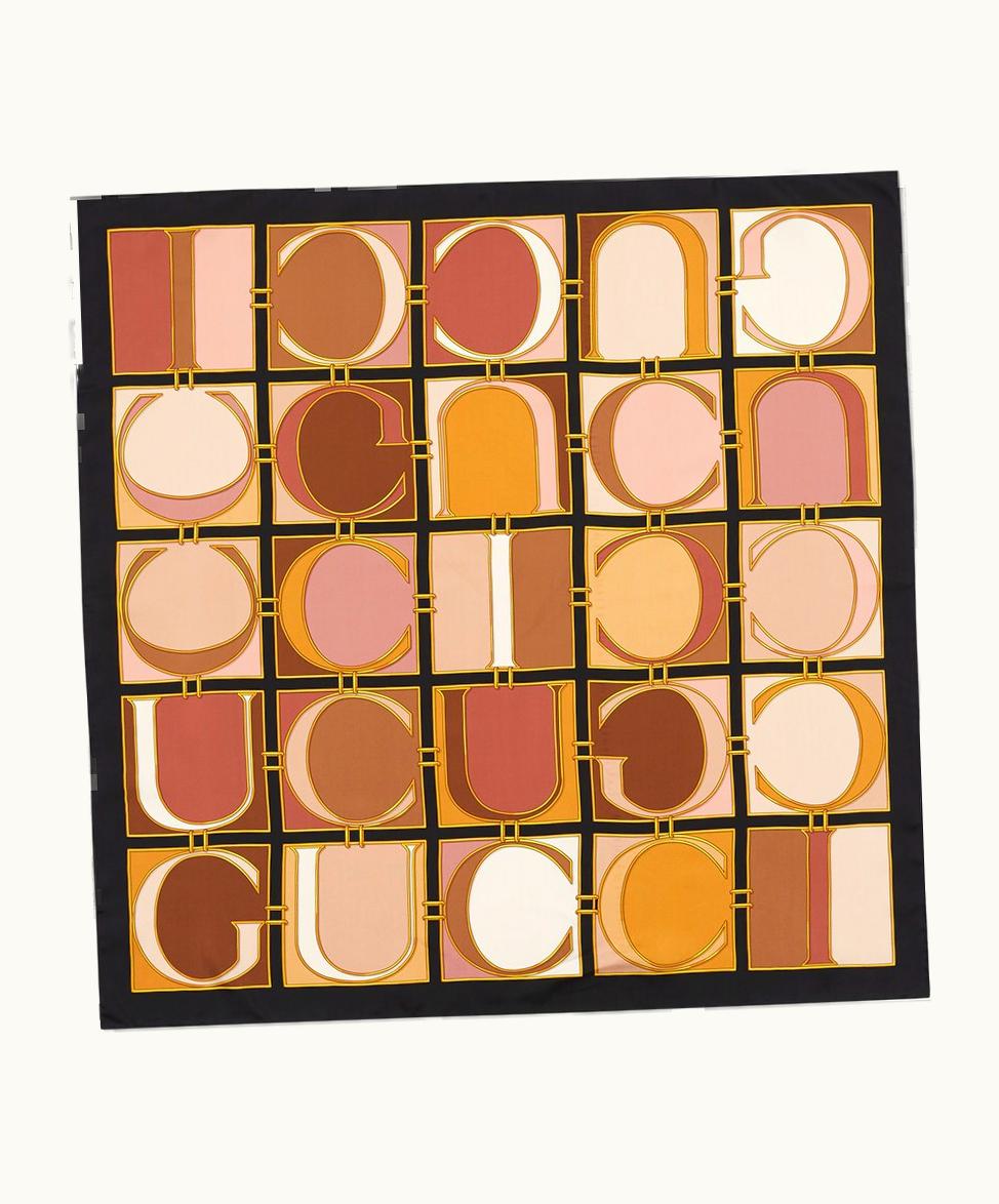 Gucci Gucci Pop Print Silk Carré Black And Light Brown