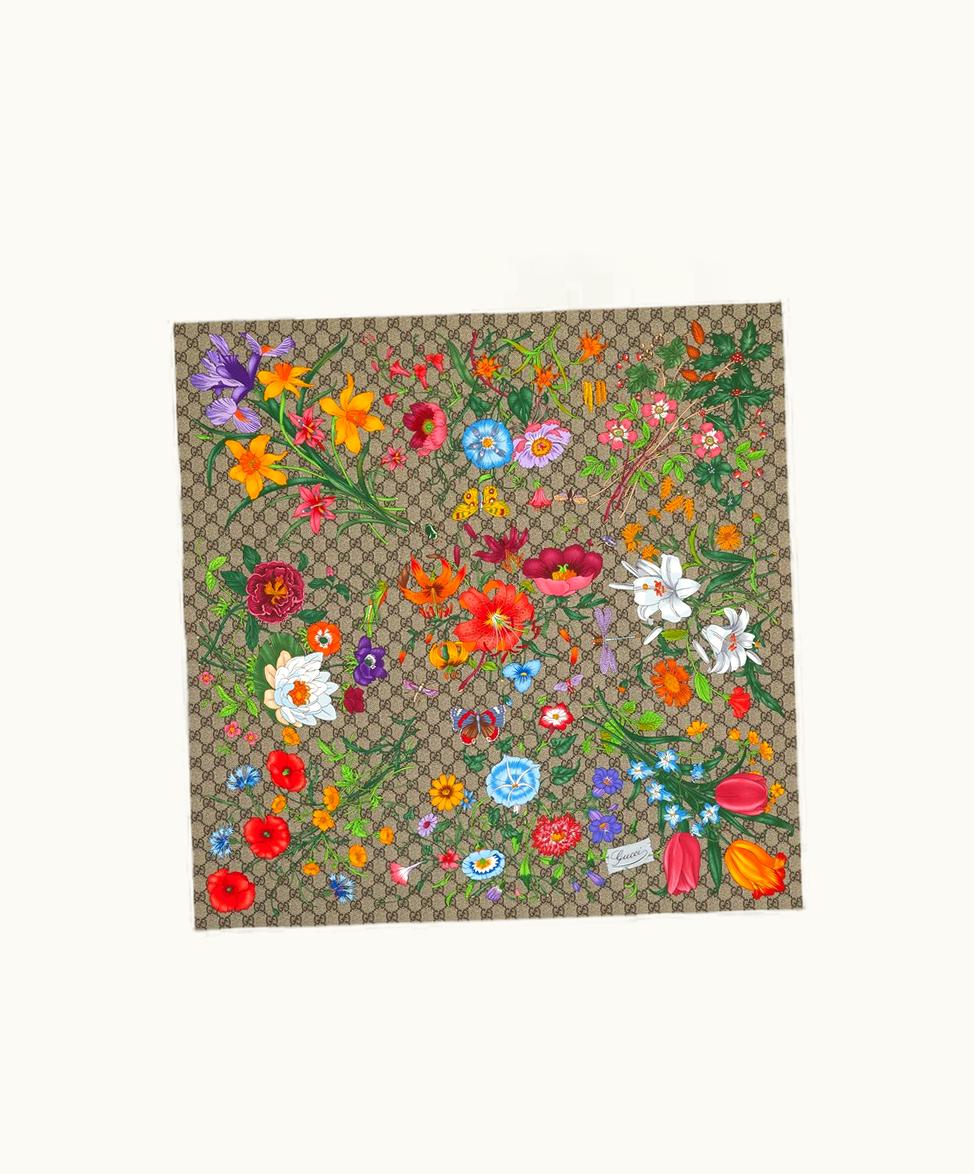 Gucci Gucci GG Flora Print Silk Scarf Pink