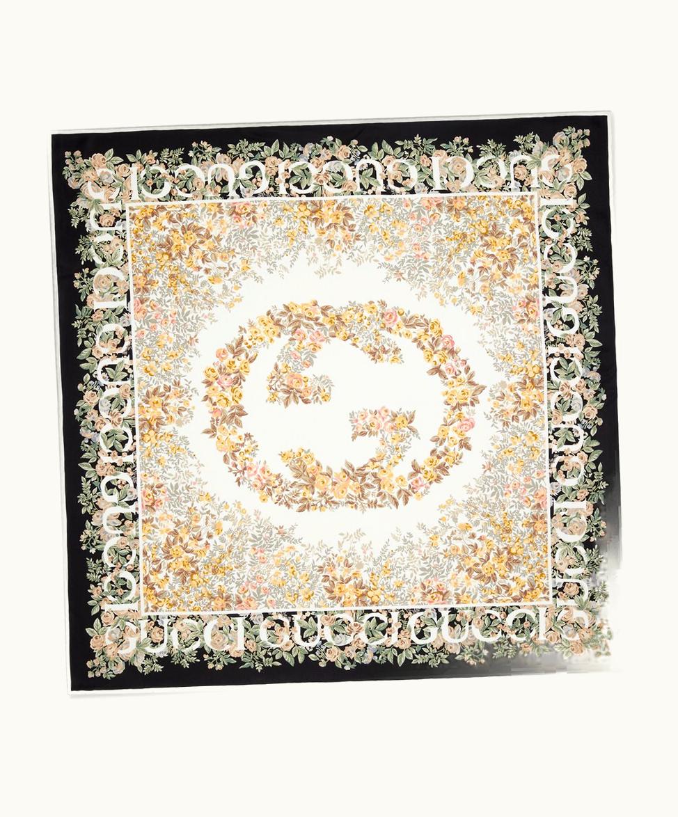 Gucci Gucci Interlocking G Floral Print Silk Carré Black And Beige
