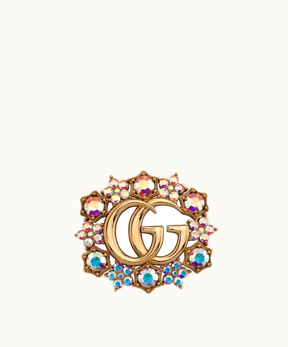 Gucci Gucci Double G Crystal Flower Brooch Antique Gold-Toned Metal