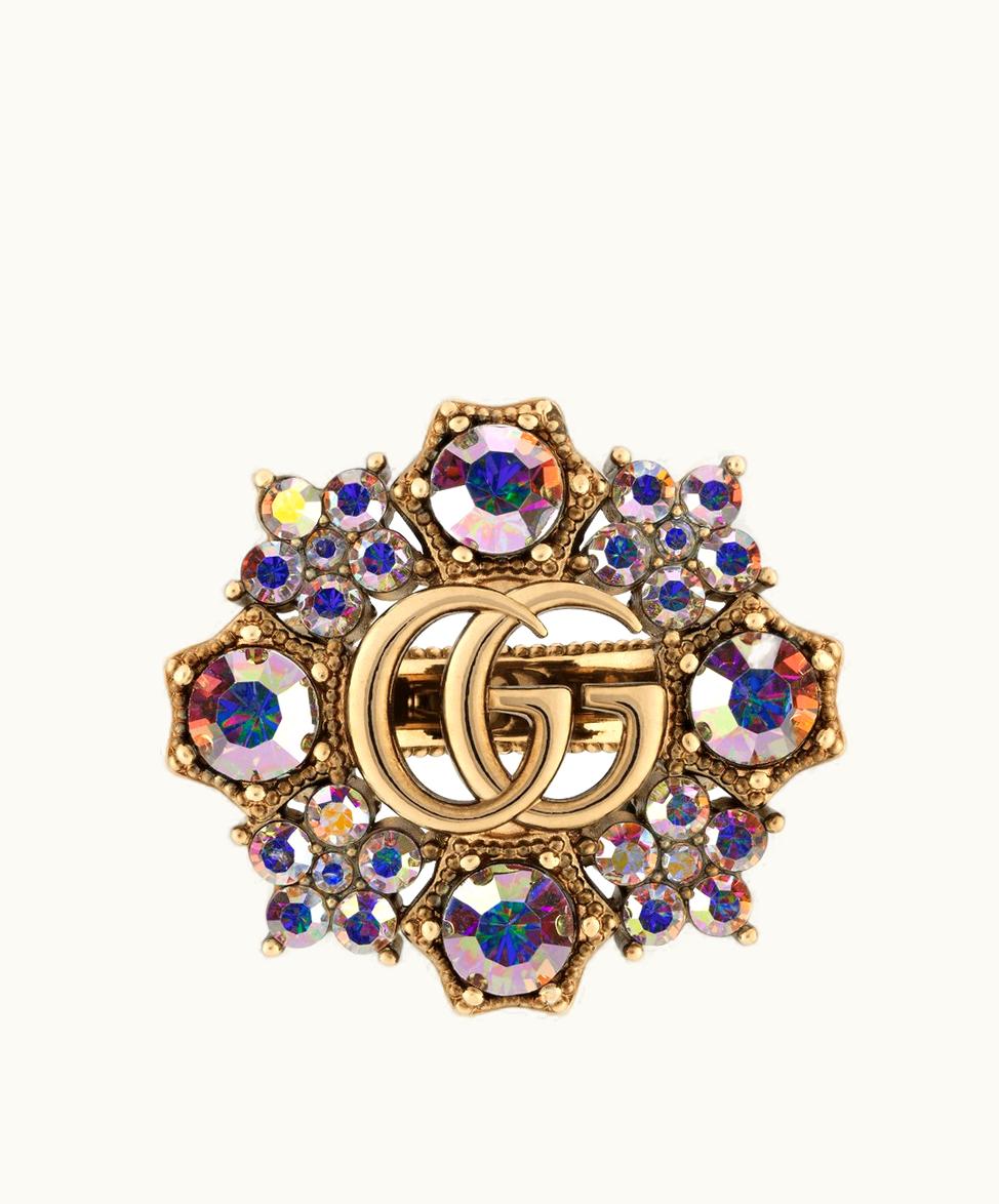Gucci Gucci Double G Crystal Flower Ring Antique Gold-Toned Metal