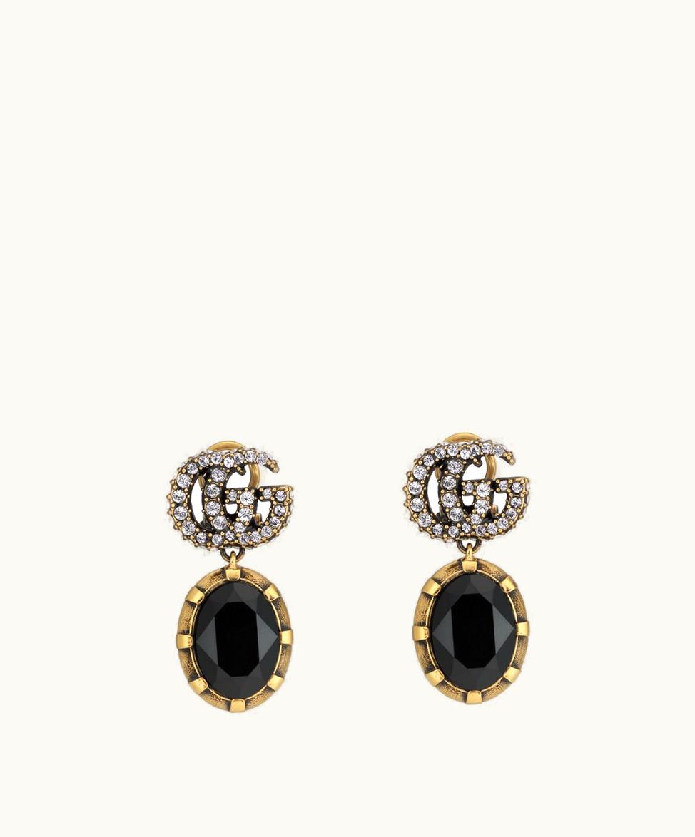 Gucci Gucci Double G Earrings With Black Crystals Aged Gold Metal