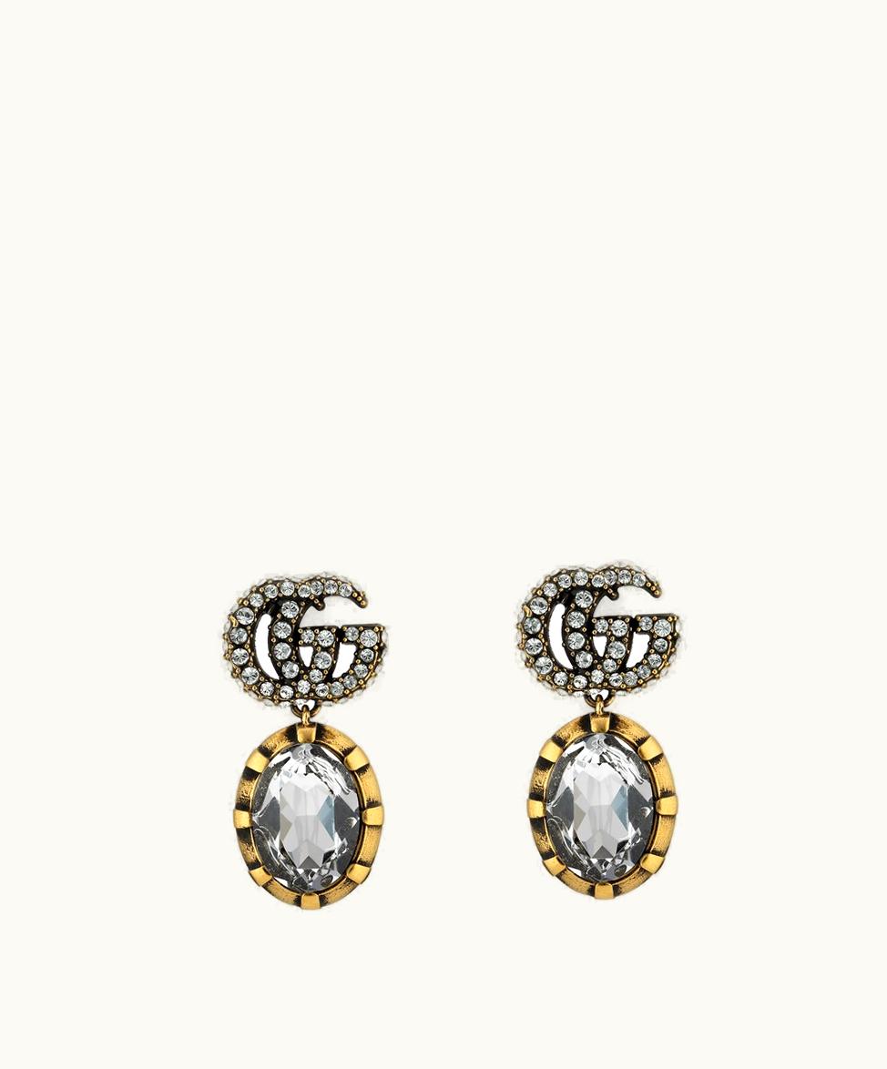 Gucci Gucci Double G Earrings With Crystals Aged Gold Metal