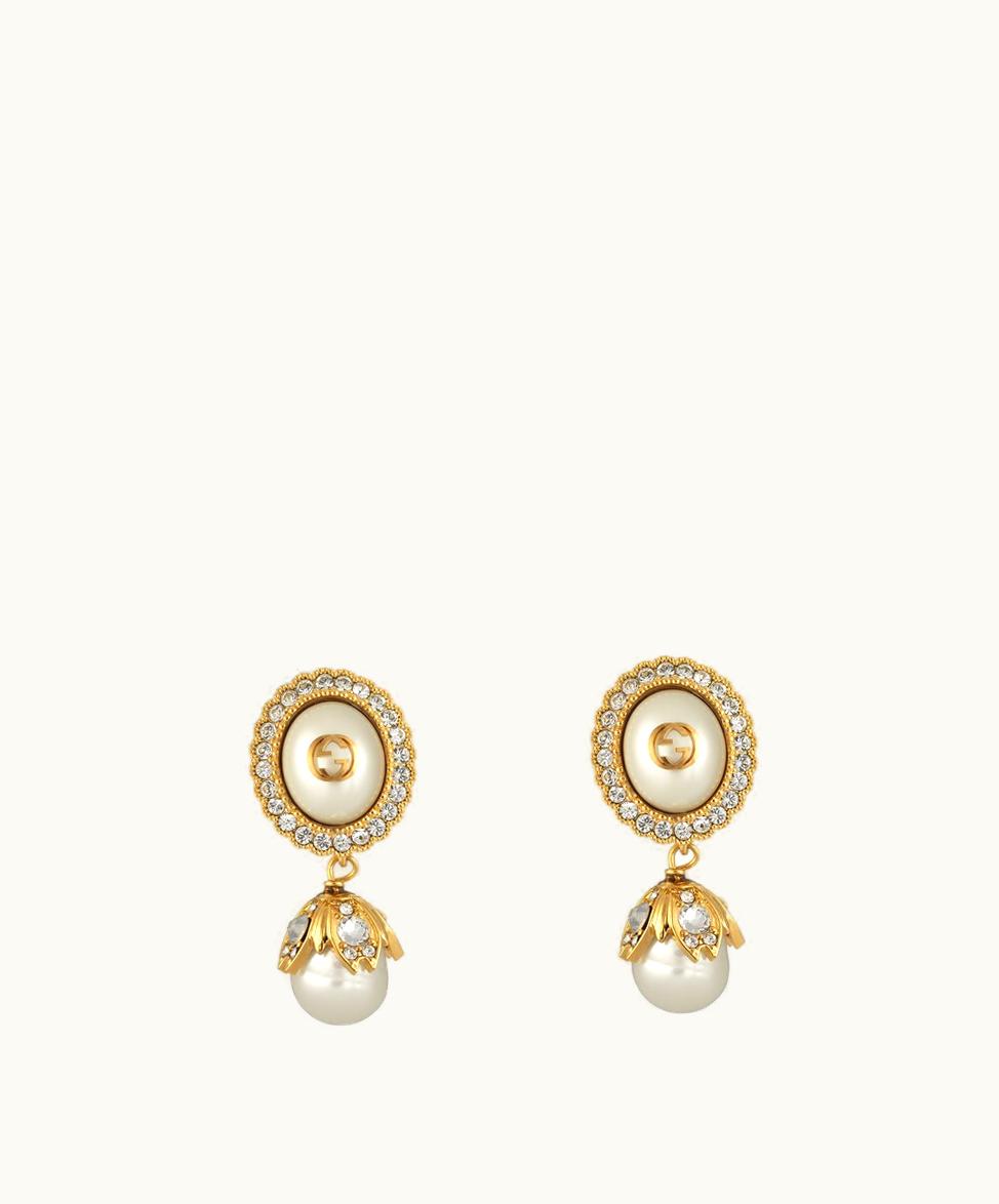 Gucci Gucci Interlocking G Pearl Earrings Antique Gold-Toned Metal