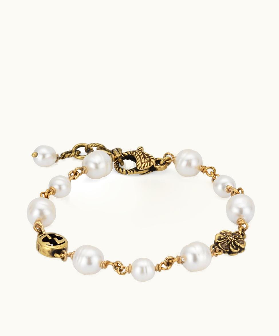 Gucci Gucci Interlocking G Flower Pearl Bracelet Gold Metal